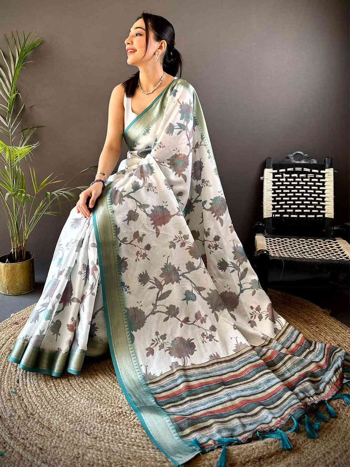 White Linen Silk Saree with Subtle Floral Print & Teal Striped Border
