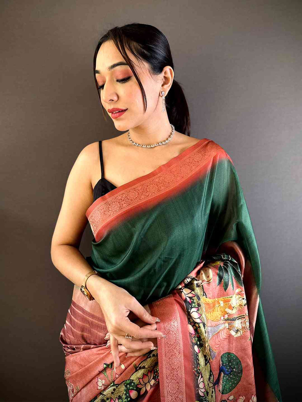 Green & Rust Soft Silk Saree with Digital Kalamkari Print and Woven Zari Border