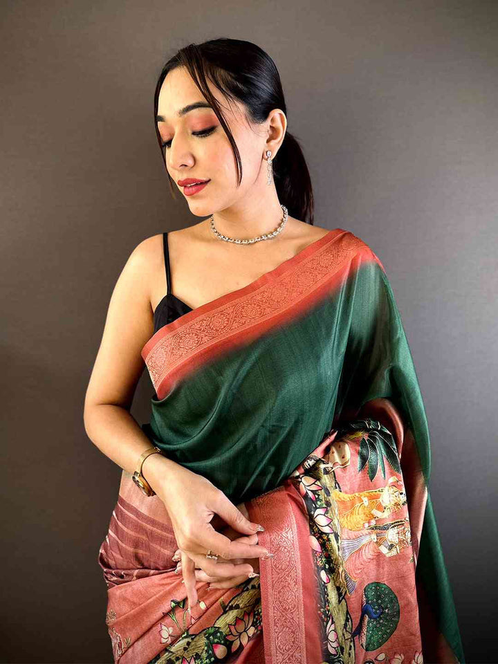 Green & Rust Soft Silk Saree with Digital Kalamkari Print and Woven Zari Border