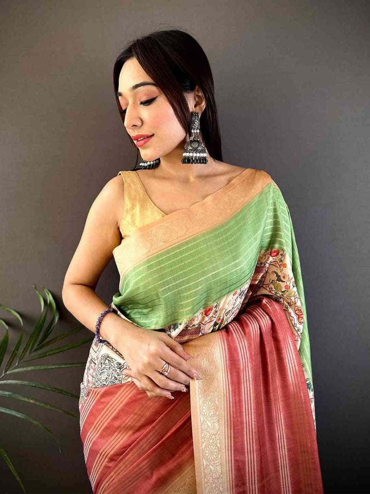 Multicolor Soft Silk Saree with Pastel Green Pallu, Rust Pleats, Digital Print & Woven Zari Border