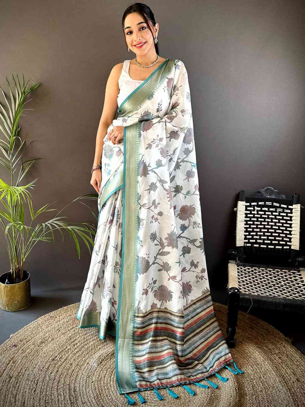 White Linen Silk Saree with Subtle Floral Print & Teal Striped Border