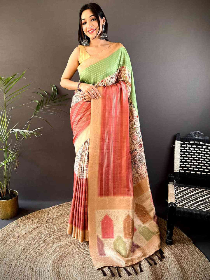 Multicolor Soft Silk Saree with Pastel Green Pallu, Rust Pleats, Digital Print & Woven Zari Border