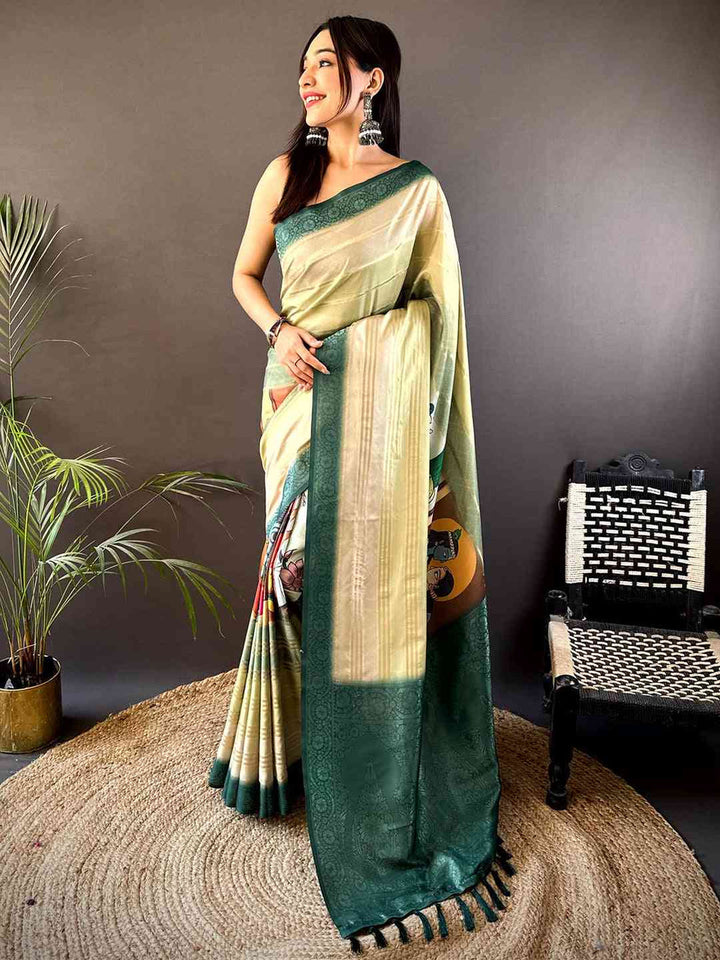 Cream & Bottle Green Soft Silk Saree with Digital Kalamkari Art and Woven Zari Border