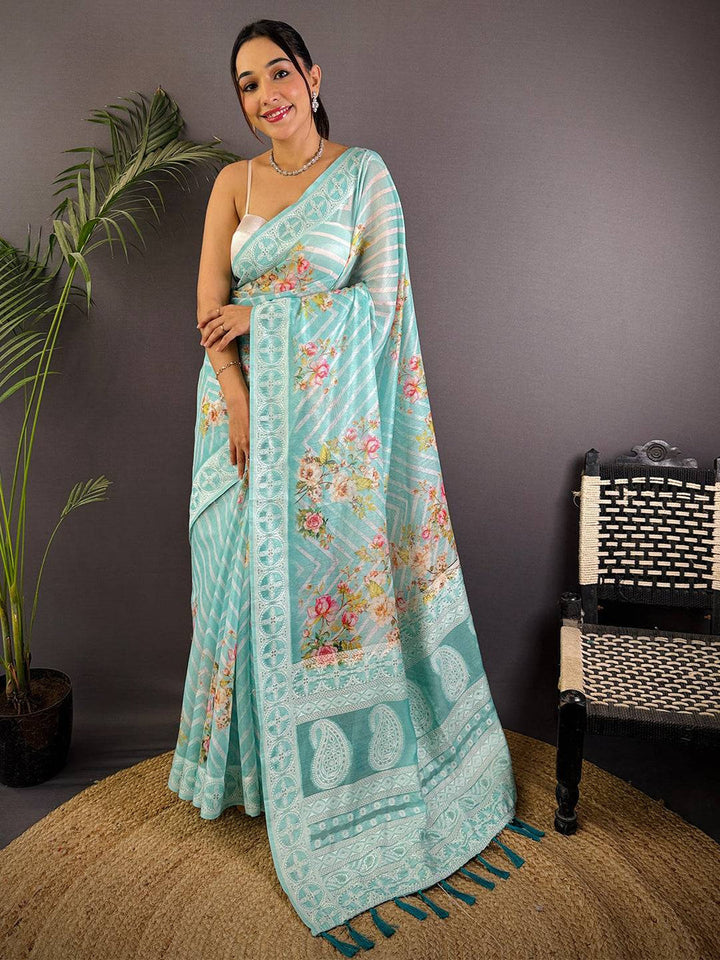 Aqua Blue Linen Silk Saree with Floral Print & Embroidered-Style Border