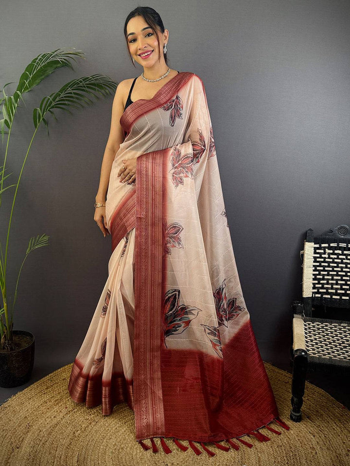 Beige & Maroon Linen Silk Saree with Leaf Print and Woven Border