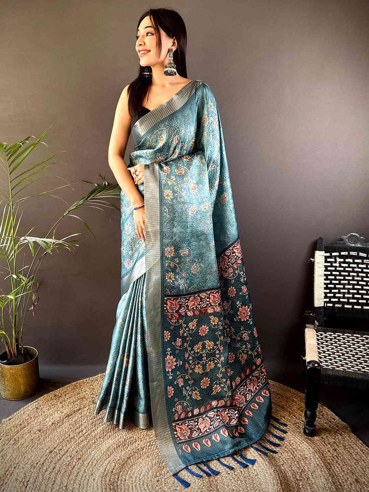 Teal Blue Soft Silk Saree with Digital Floral Print, Contrast Border & Tassel Pallu
