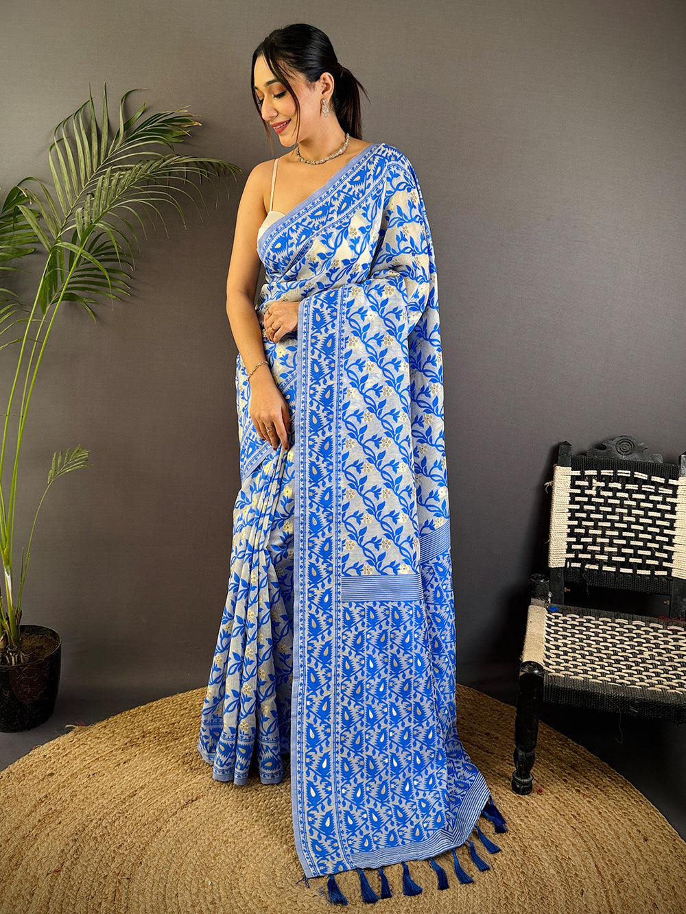 Blue & White Floral Linen Silk Saree with Woven Border & Tassel Pallu