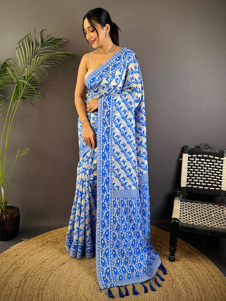Blue & White Floral Linen Silk Saree with Woven Border & Tassel Pallu