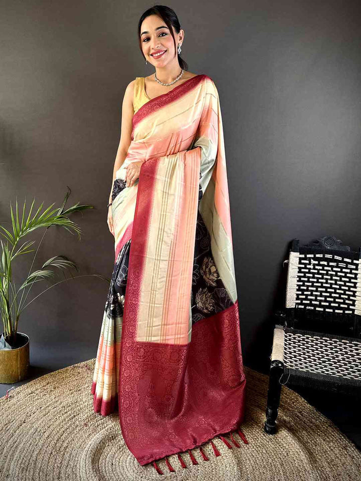 Peach & Cream Soft Silk Saree with Digital Floral Print and Maroon Zari Pallu