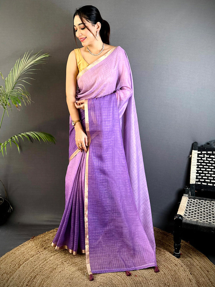 Lavender & Purple Linen Silk Saree with Subtle Check Weave & Golden Border