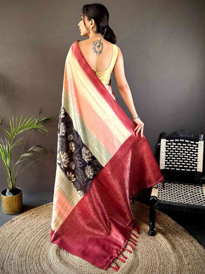 Peach & Cream Soft Silk Saree with Digital Floral Print and Maroon Zari Pallu