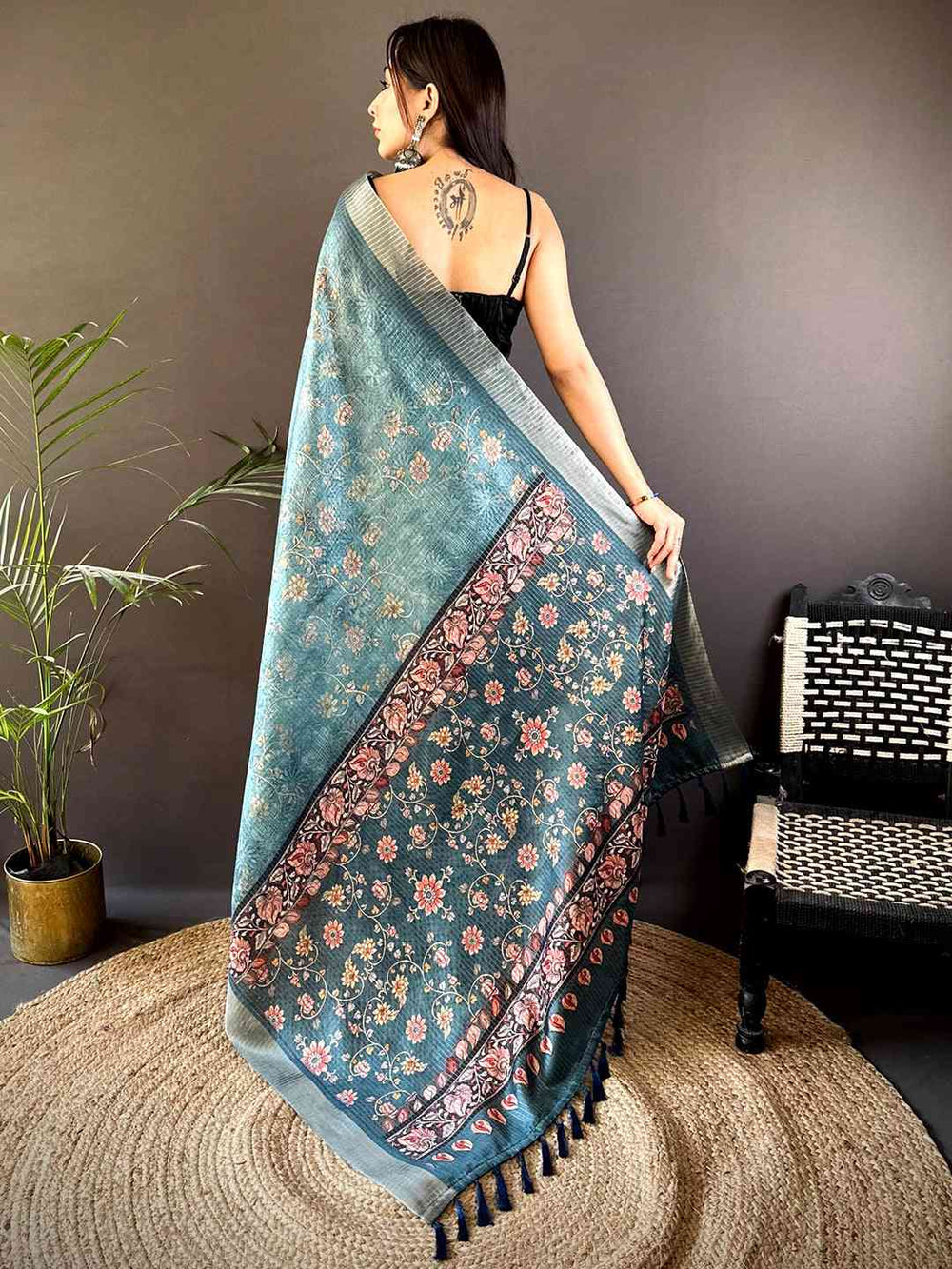 Teal Blue Soft Silk Saree with Digital Floral Print, Contrast Border & Tassel Pallu