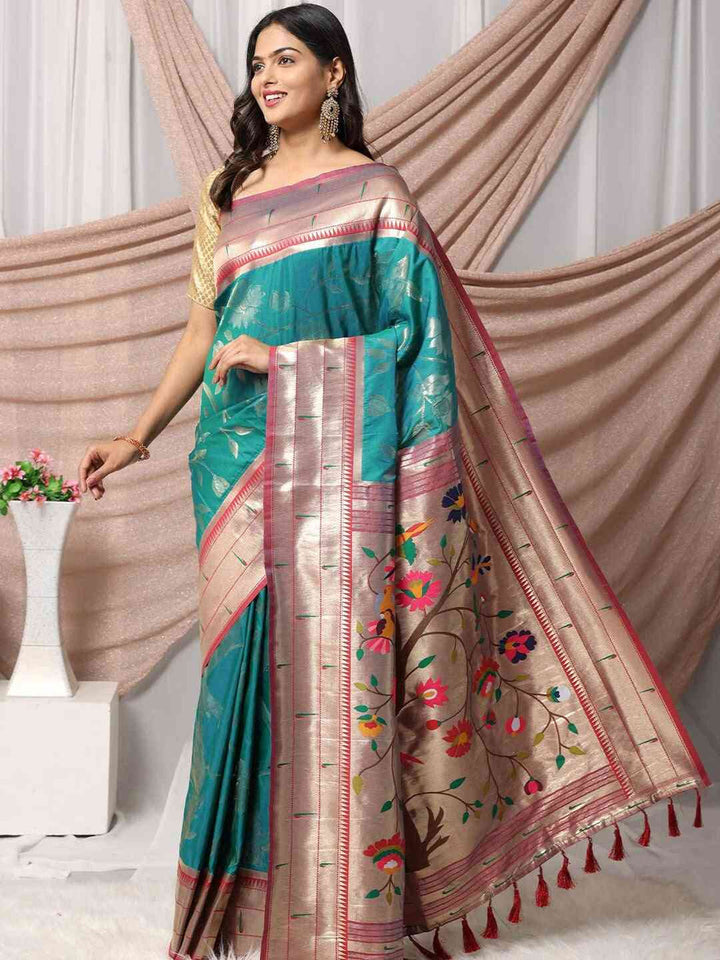 Teal Linen Silk Saree with Silver Zari Border & Floral Print Pallu