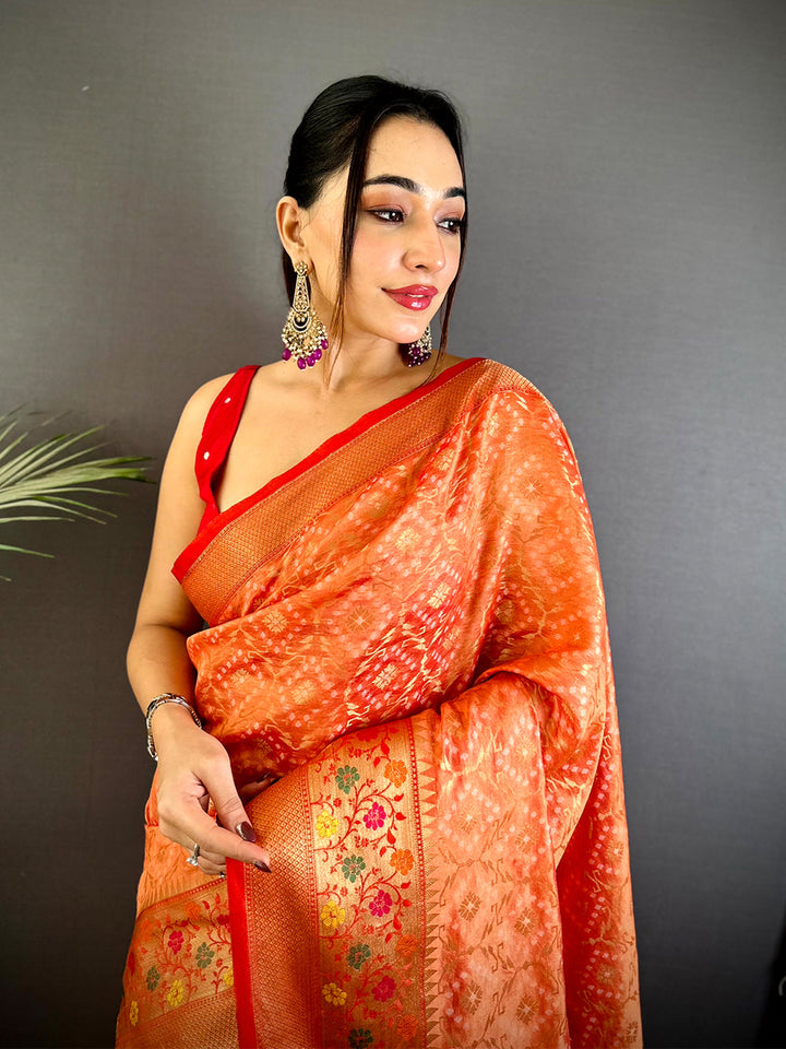 Orange & Red Banarasi Silk Saree with Intricate Zari Weaving and Floral Border