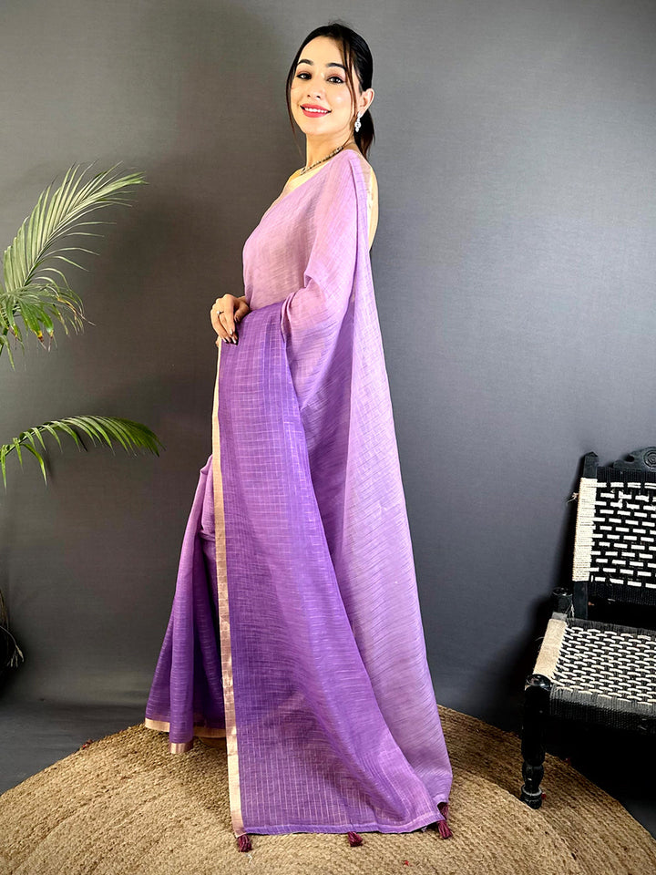 Lavender & Purple Linen Silk Saree with Subtle Check Weave & Golden Border