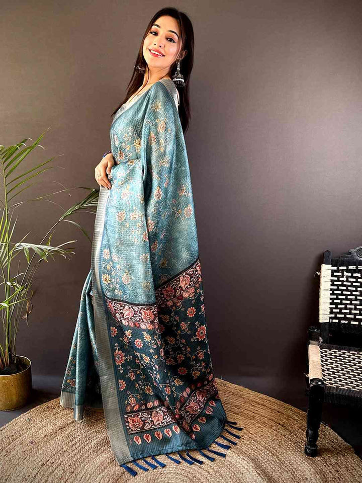 Teal Blue Soft Silk Saree with Digital Floral Print, Contrast Border & Tassel Pallu