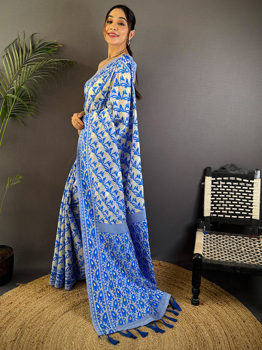 Blue & White Floral Linen Silk Saree with Woven Border & Tassel Pallu