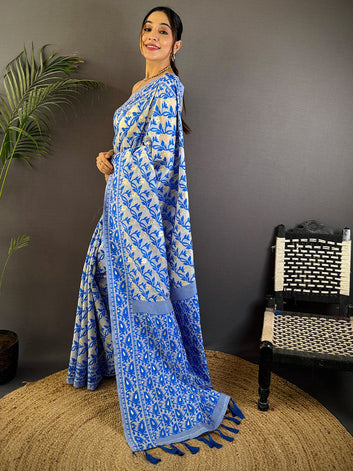 Blue & White Floral Linen Silk Saree with Woven Border & Tassel Pallu