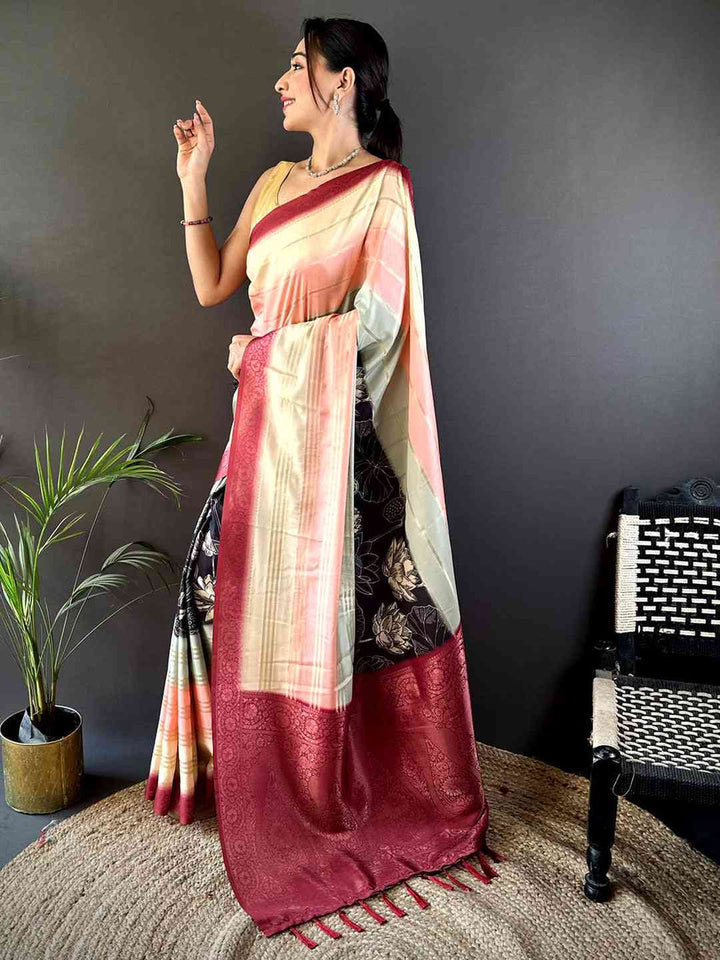 Peach & Cream Soft Silk Saree with Digital Floral Print and Maroon Zari Pallu