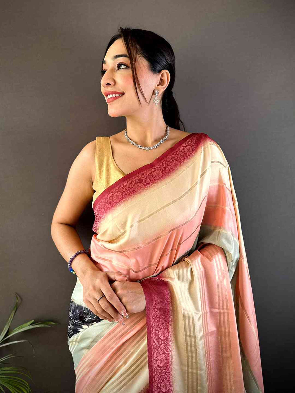 Peach & Cream Soft Silk Saree with Digital Floral Print and Maroon Zari Pallu