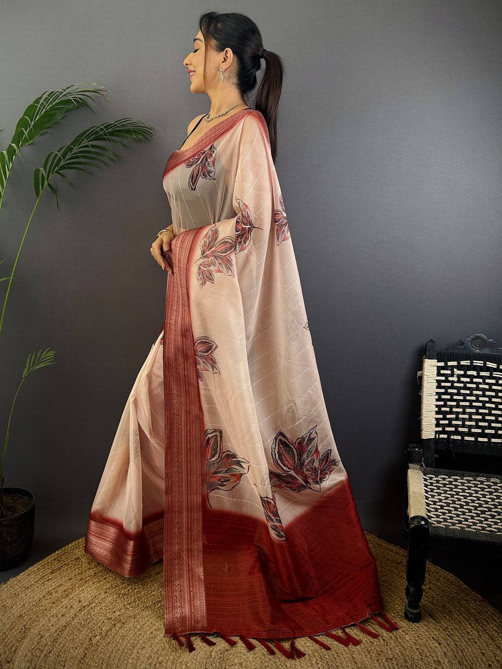 Beige & Maroon Linen Silk Saree with Leaf Print and Woven Border