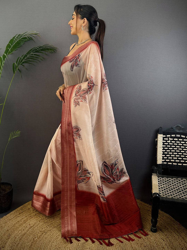 Beige & Maroon Linen Silk Saree with Leaf Print and Woven Border