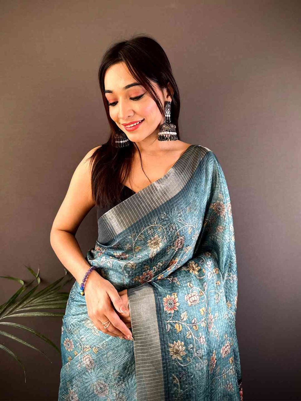 Teal Blue Soft Silk Saree with Digital Floral Print, Contrast Border & Tassel Pallu