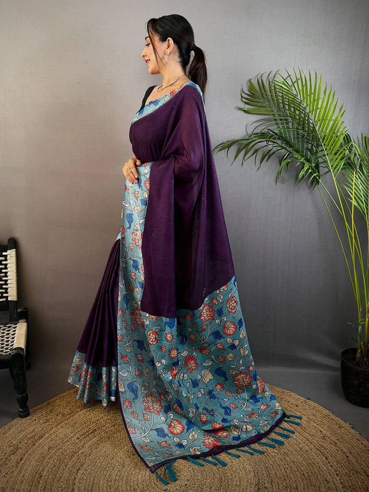 Purple & Teal Soft Silk Saree with Digital Floral Print and Contrast Pallu