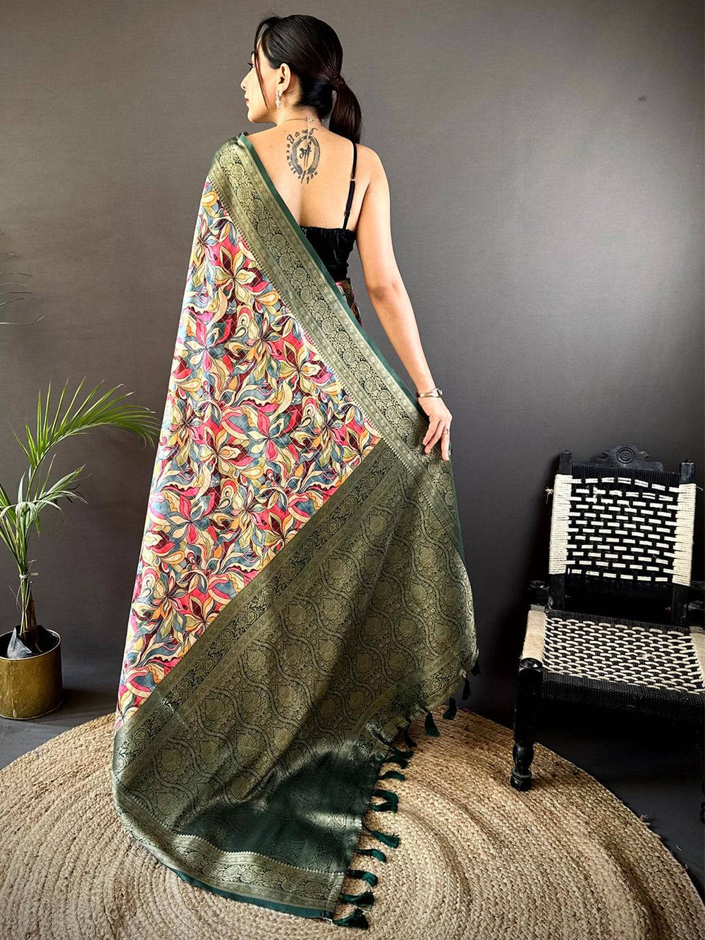 Multicolor Digital Print Soft Silk Saree with Deep Green Woven Zari Border & Tassel Pallu