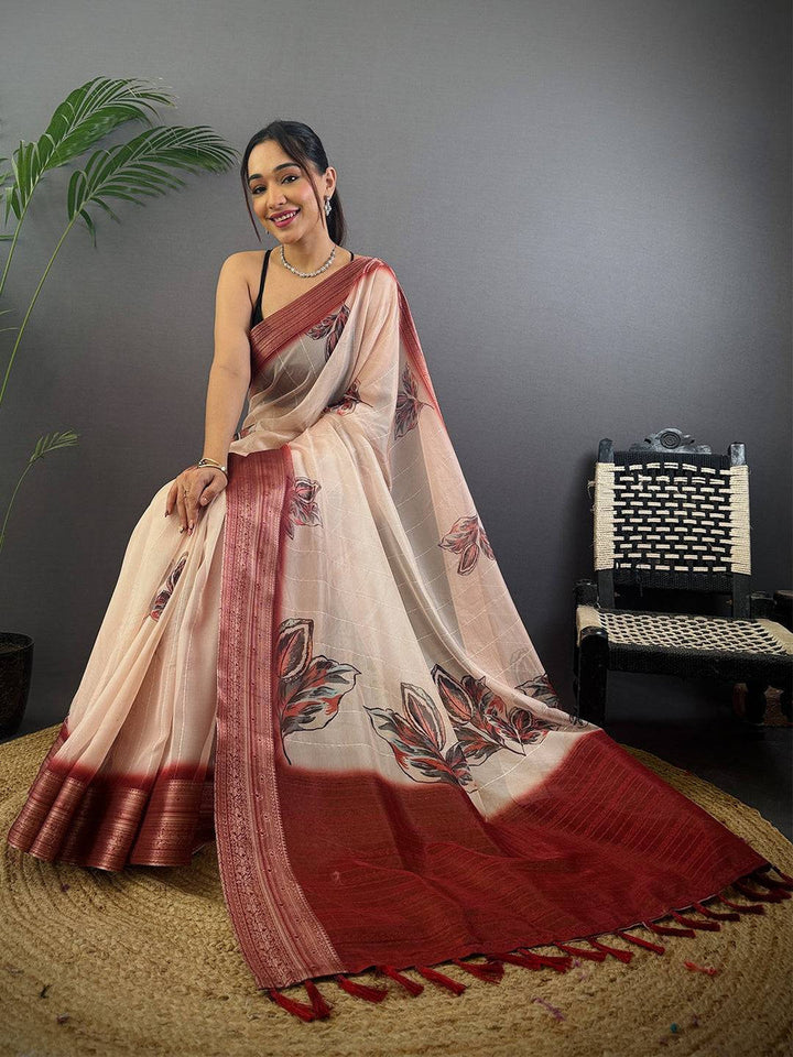 Beige & Maroon Linen Silk Saree with Leaf Print and Woven Border