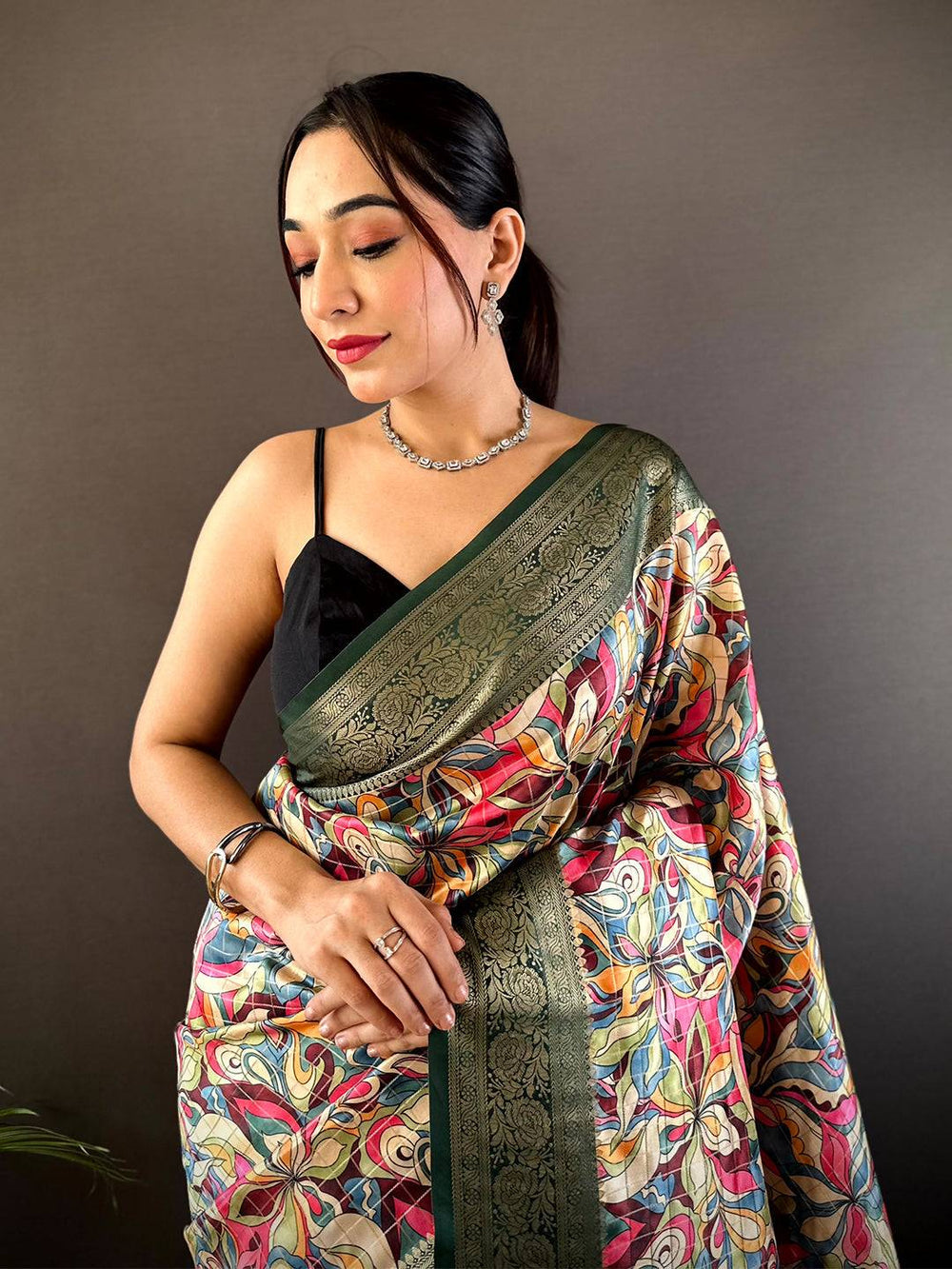 Multicolor Digital Print Soft Silk Saree with Deep Green Woven Zari Border & Tassel Pallu