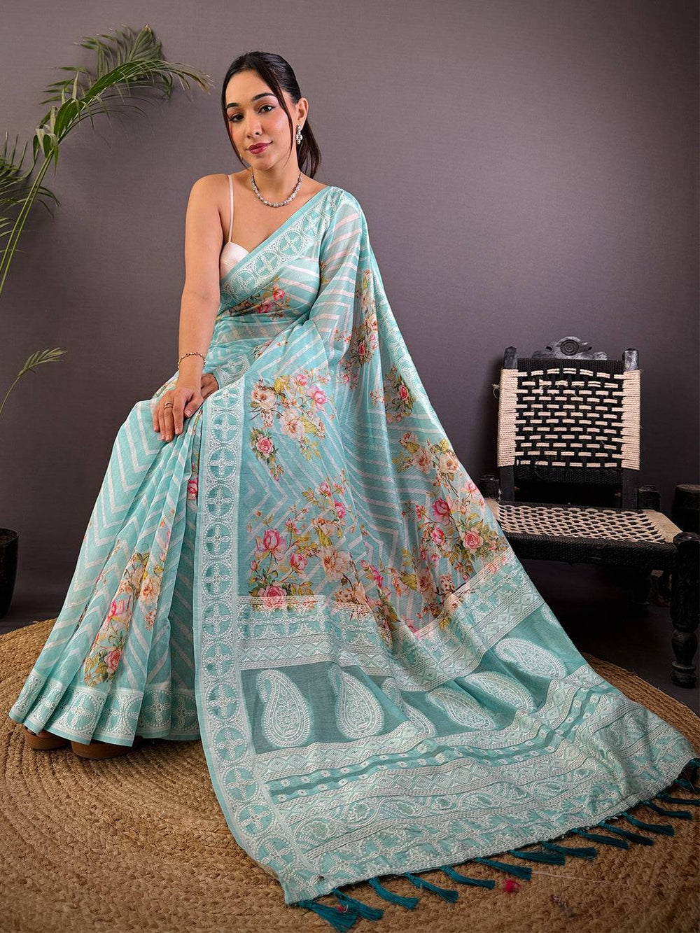 Aqua Blue Linen Silk Saree with Floral Print & Embroidered-Style Border