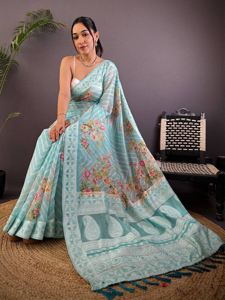 Aqua Blue Linen Silk Saree with Floral Print & Embroidered-Style Border