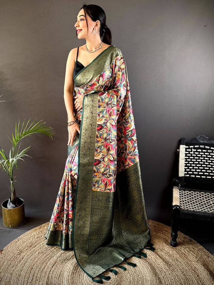 Multicolor Digital Print Soft Silk Saree with Deep Green Woven Zari Border & Tassel Pallu