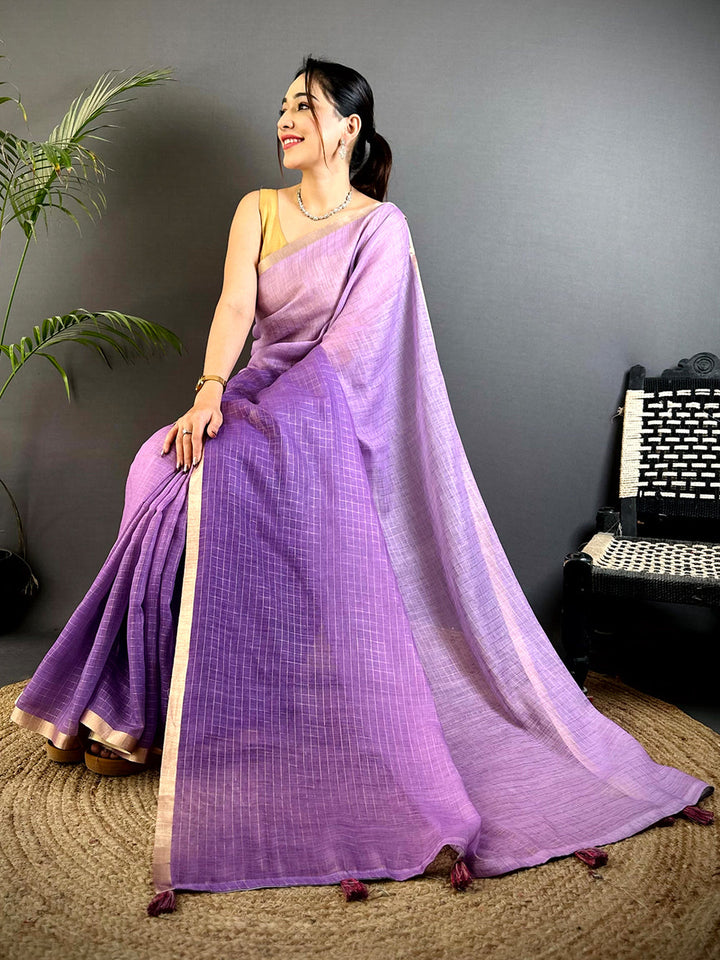 Lavender & Purple Linen Silk Saree with Subtle Check Weave & Golden Border