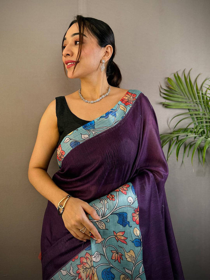 Purple & Teal Soft Silk Saree with Digital Floral Print and Contrast Pallu
