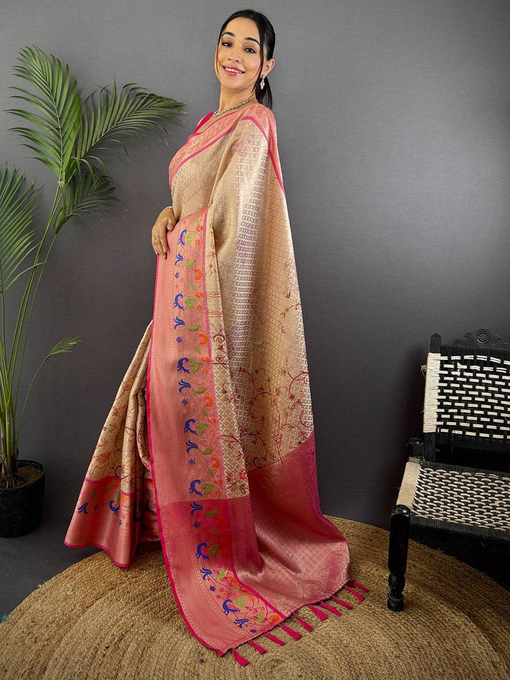 Beige & Pink Soft Silk Saree with Digital Floral Border and Woven Zari Pallu
