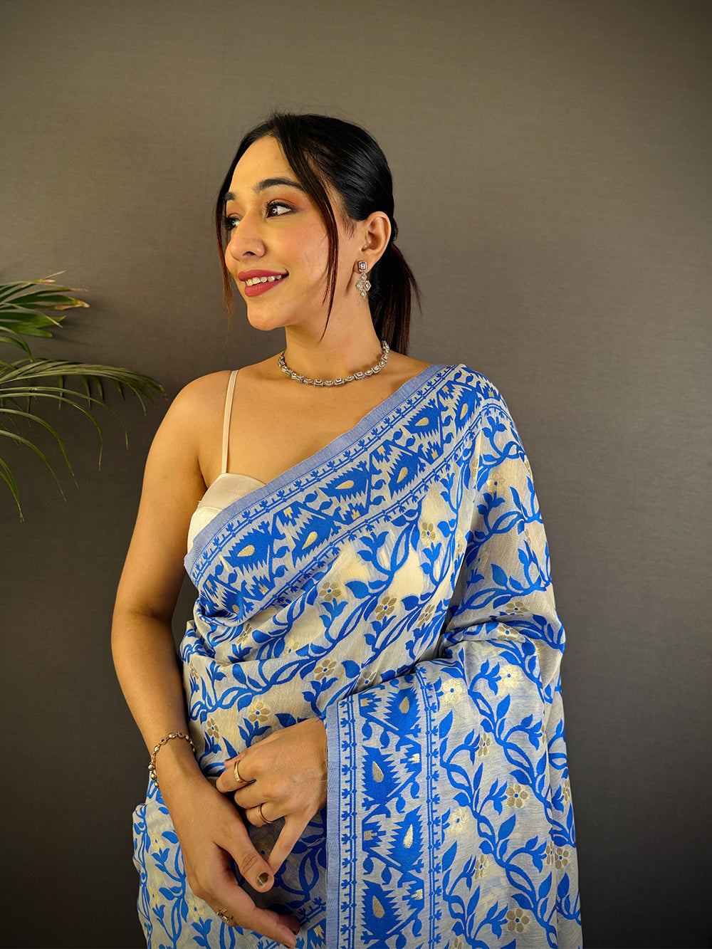 Blue & White Floral Linen Silk Saree with Woven Border & Tassel Pallu