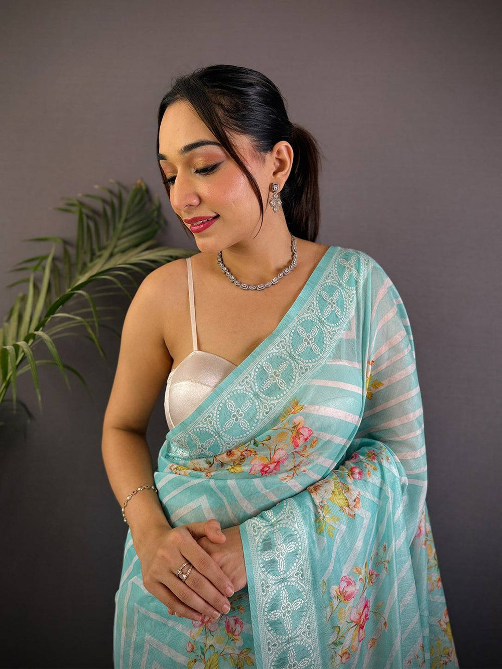 Aqua Blue Linen Silk Saree with Floral Print & Embroidered-Style Border