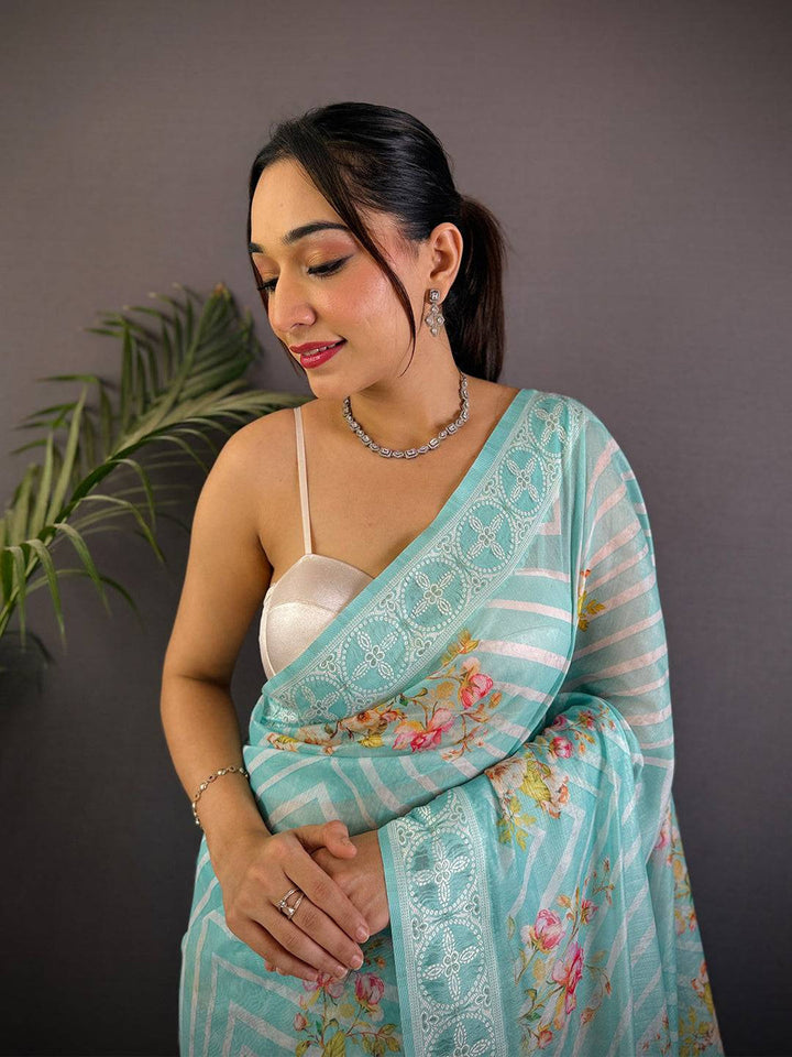 Aqua Blue Linen Silk Saree with Floral Print & Embroidered-Style Border