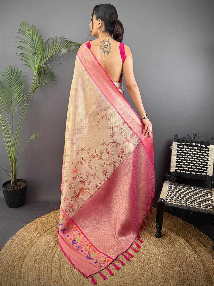 Beige & Pink Soft Silk Saree with Digital Floral Border and Woven Zari Pallu