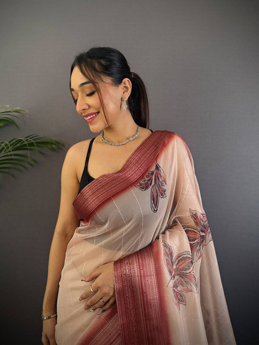 Beige & Maroon Linen Silk Saree with Leaf Print and Woven Border