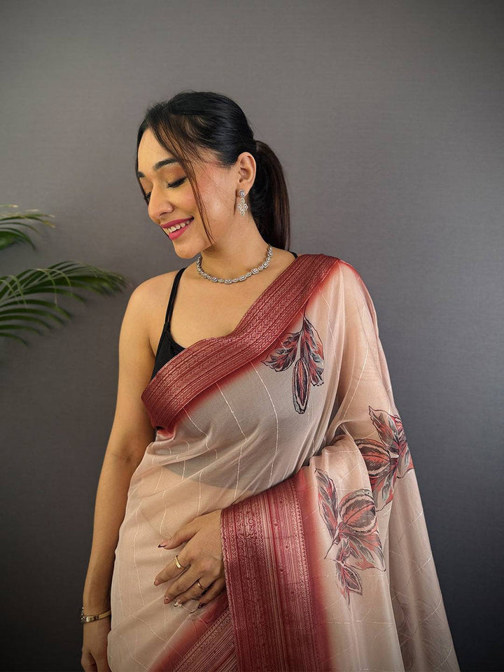 Beige & Maroon Linen Silk Saree with Leaf Print and Woven Border