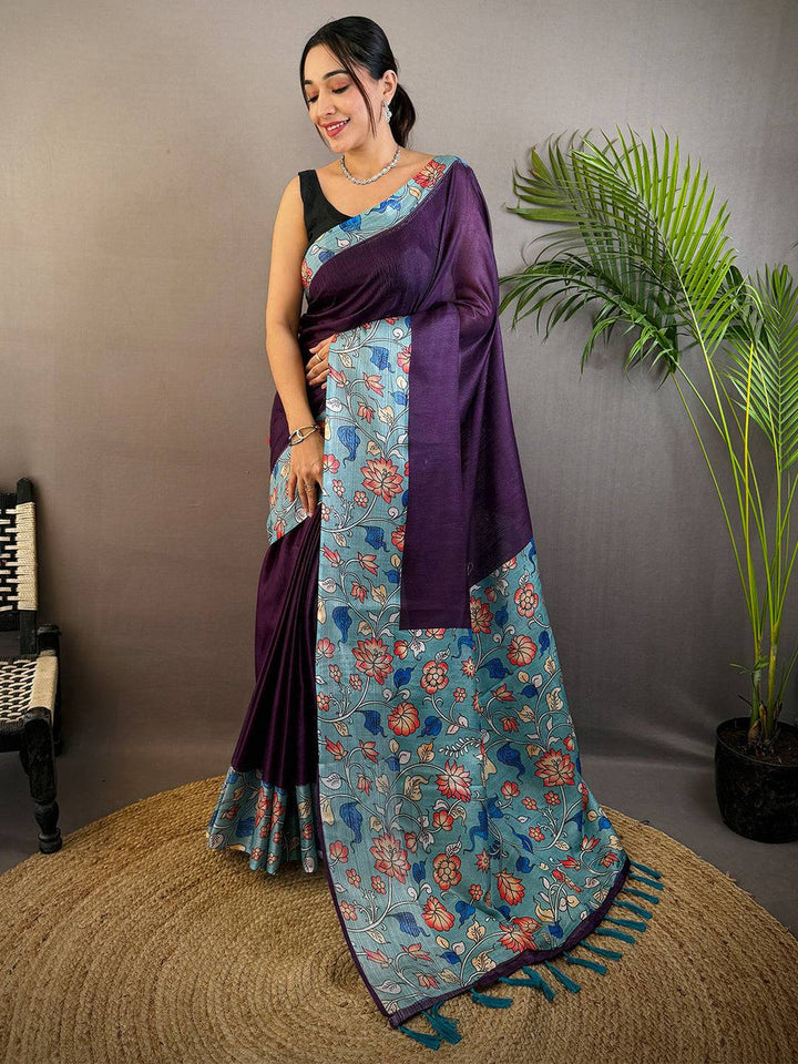 Purple & Teal Soft Silk Saree with Digital Floral Print and Contrast Pallu