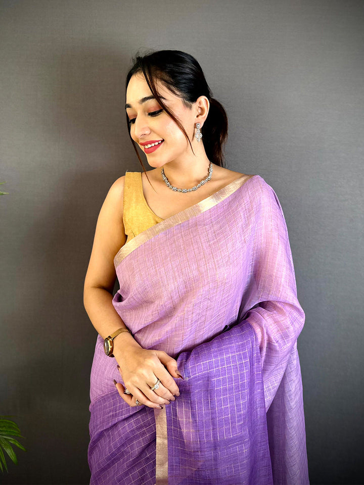 Lavender & Purple Linen Silk Saree with Subtle Check Weave & Golden Border