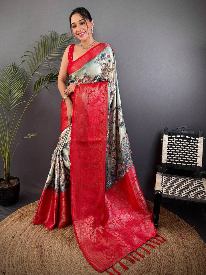 Red & Ivory Soft Silk Saree with Digital Paisley Print and Rich Red Woven Zari Pallu
