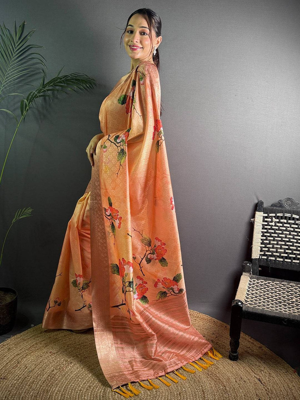 Peach Linen Silk Saree with Floral Print & Zari Border