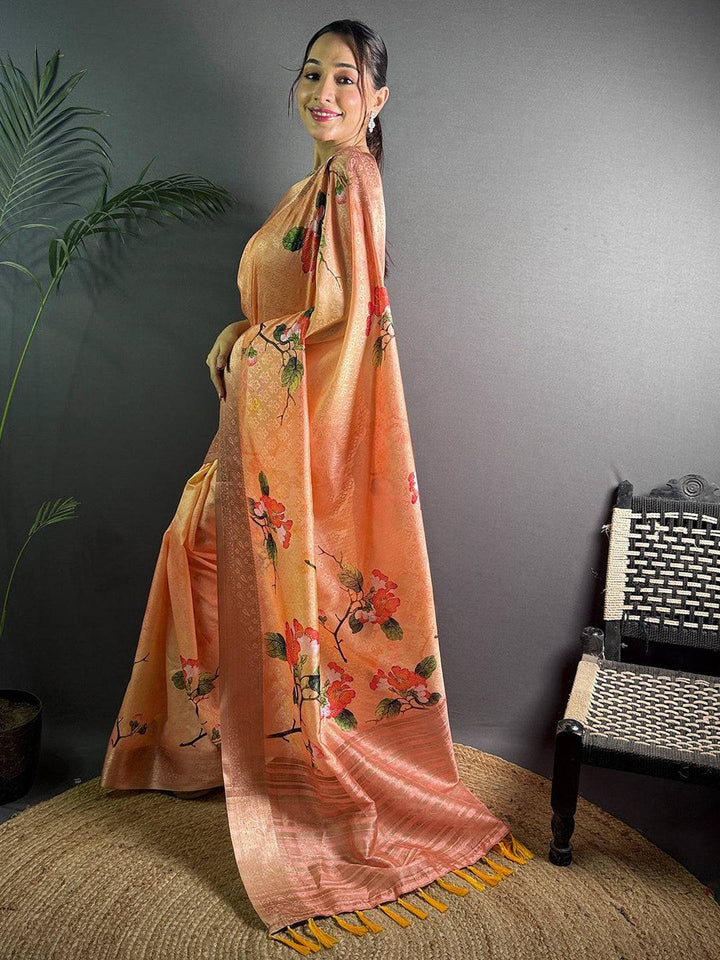Peach Linen Silk Saree with Floral Print & Zari Border