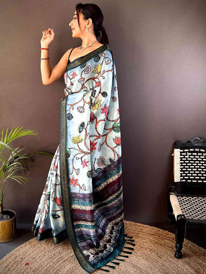 Light Blue Printed Silk Saree with Multicolor Floral Design