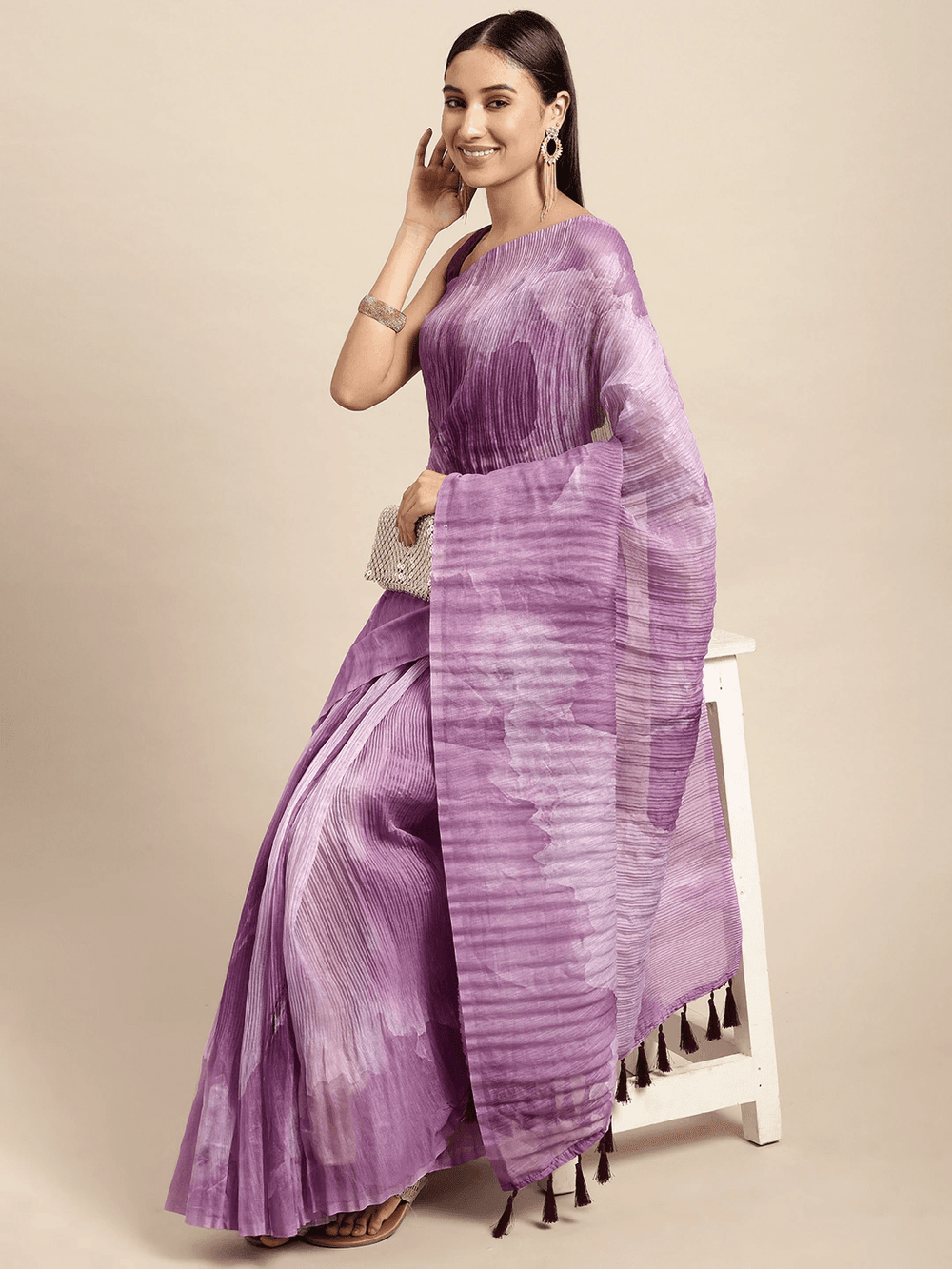 Lavender Pleated Organza Saree with Subtle Tie Dye Effect & Tassel Pallu